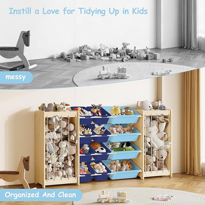 EXPERLAM Toy and Stuffed Animal Storage, 12-Bin Toy Shelf with Double-Sided Stuffed Animal Holder & Thicker Elastic Ropes, Space-Saving Solid Wood Toy Organizer for Playroom, Nursery, Bedroom, Blue