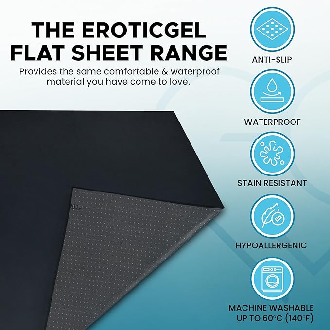 Black Waterproof Flat Play Sheet (79”x79”), Anti-Slip Mattress Topper with Strengthened Grip, Protector Cover, Safe with Oil, Water, & Silicone-Based Massage Products, Hypoallergenic, Machine Washable