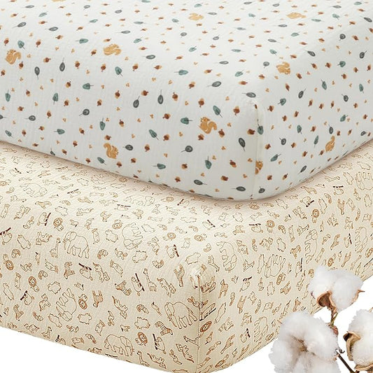 SiinvdaBZX 2 Pack Pack n Play Sheets, Ultra Soft Muslin Cotton Mini Crib Sheets Breathable Neutral Toddler Playard Bedding Cover for 38"x27" Portable/Mini Crib Mattresses (Animals + Acorn)