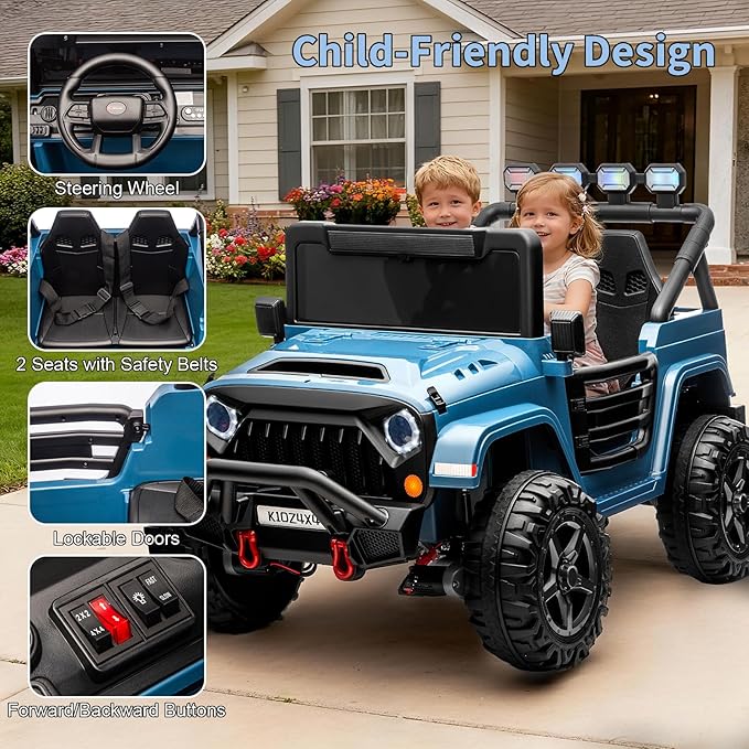 24V Ride on Toys for Big Kids, 2 Seater Ride on Car w/Remote Control, 4x4 Ride-on Truck with 4 Motors, 3 Speeds Adjustable, 4 LED Lights, Bluetooth & Music, Electric Car for Kid Toddler 3-8, Lake Blue