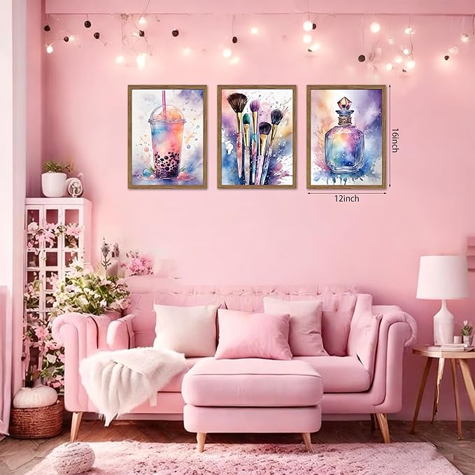 Framed Teen Girls Bedroom Wall Art Set of 3, Pink and Purple Splash Canvas Prints, Makeup Enthusiast Pictures Posters, Drinks Cosmetic Wall Decor for Teenage Girl Room Decor – 12x16 inch