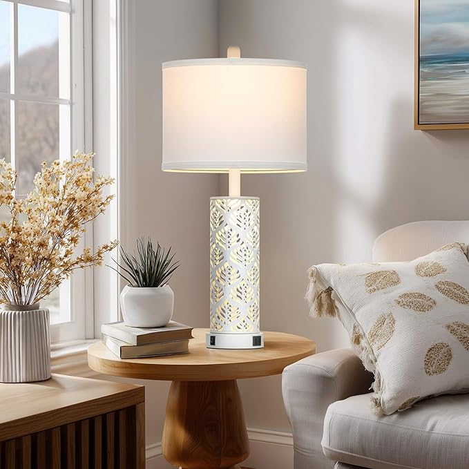 Cinkeda Set of 2 Rustic Table Lamps for Living Room Bedroom, Vintage Farmhouse Nightstand Lamp with 2 USB Ports, Hollow Out Metel Lamp for End Table with Nightlight (White)