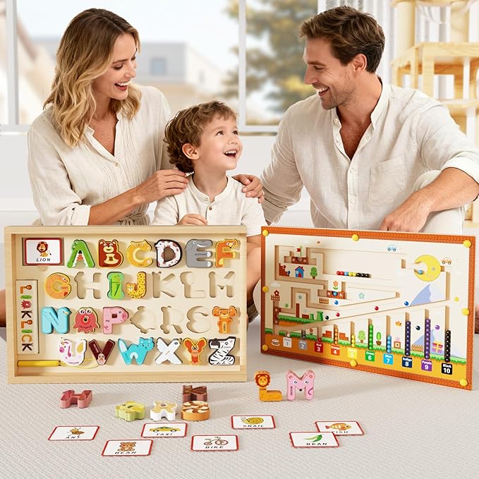 Wooden Montessori Toys with Storage Box for 3-5 Year Old, 4 in 1 Toddlers Educational Learning Toy- Magnetic Color and Number Maze, Animal Alphabet Puzzles, Drawing Board for Kids Boys Girls