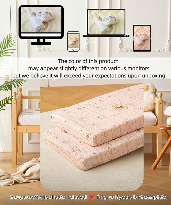 SDY Jersey Crib Sheets for Baby Girls,52"x28"X8", Pink Kawaii Bear Standard Oval/Retangle Crib Mattress Sheets for Toddler,Super Soft Breathable