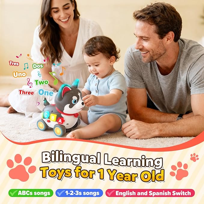 Baby Toys for 6-12-18 Month, 3-in-1 Musical Puppy Toy, Crawling & Walking Toys for 1 Year Old Boy Girl Gifts, Bilingual Learning Educational for 7 8 9 10 Months Developmental Toy