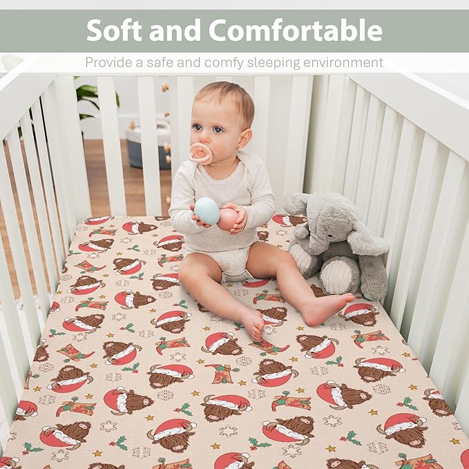 Christmas Highland Cows Baby Crib Sheets for Boy Girl 52x28 Farm Cow Yak Western Boots Snowflakes Soft Fitted Crib Mattress Cover Winter Holiday Baby Sheet for Standard Crib & Toddler Mattress Pad