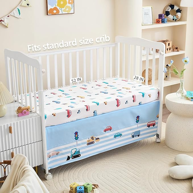 3-Piece Crib Bedding Set for Boys Girls - Soft & Skin Friendly Baby Bedding Set Includes Crib Comforter, Sheet & Crib Skirt (Light Blue)