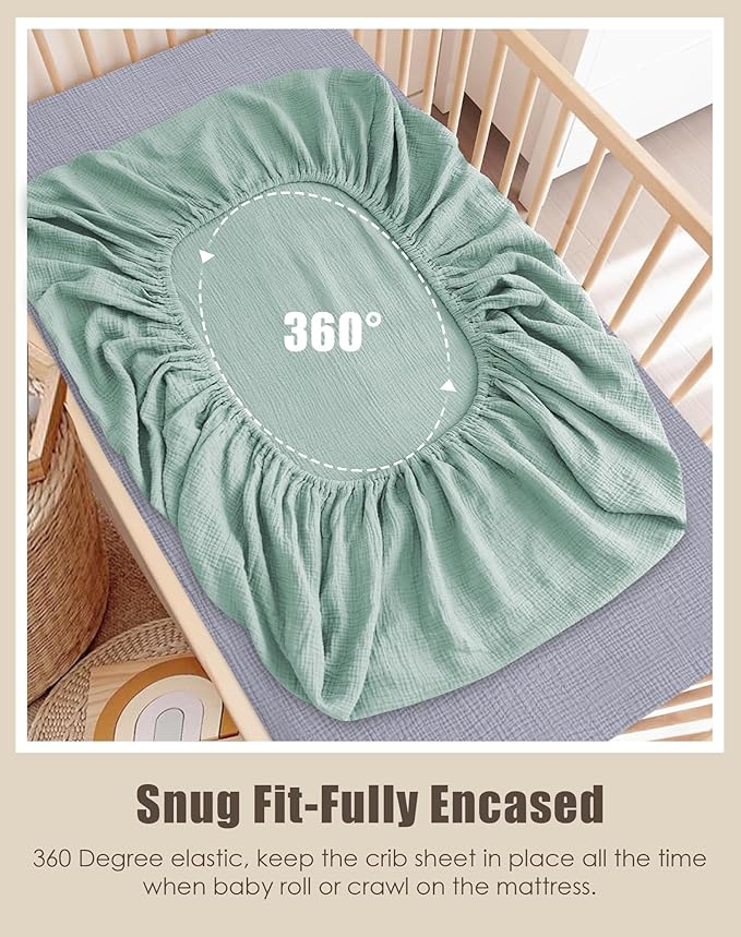 SWEET DOLPHIN 2-Pack Muslin Crib Sheets for Boys & Girls, Ultra Soft Breathable 40S Long-Staple Cotton Fitted Baby Sheets for Standard Crib Mattress 52"x28", Green and Grey- Nursery Essentials