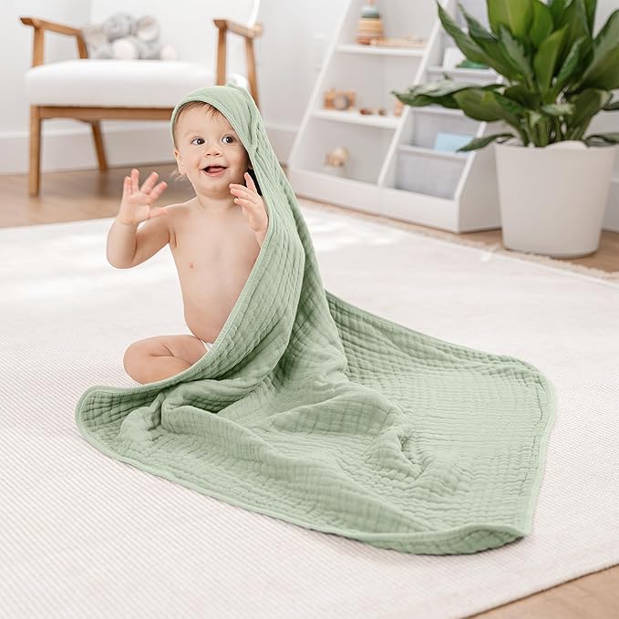 Comfy Cubs Hooded Baby Towel 2-Pack, Large 32 x 32 Inch - 6 Layer 100% Muslin Cotton for Babies, Toddlers and Kids - Soft & Absorbent Baby Bath Towels - Unisex Design for Bath Time - Sage