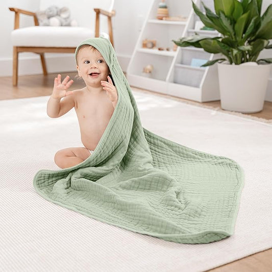 Comfy Cubs Hooded Baby Towel 2-Pack, Large 32 x 32 Inch - 6 Layer 100% Muslin Cotton for Babies, Toddlers and Kids - Soft & Absorbent Baby Bath Towels - Unisex Design for Bath Time - Sage