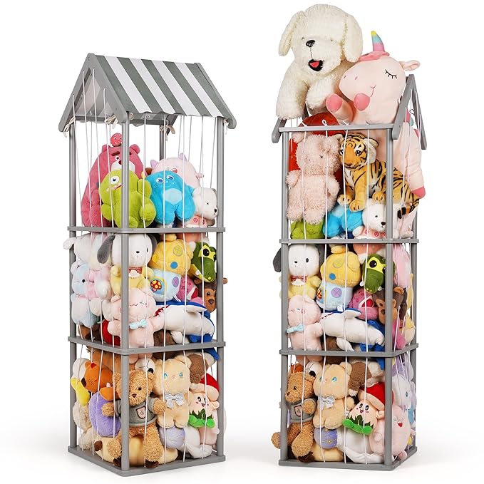 Edudif Stuffed Animal Storage, Space Saving Vertical Stuffed Animal Holder Wood, Easy Assembly Cottage-Style Plush Toys Organizer for Bedroom & Playroom (Gray, Large)