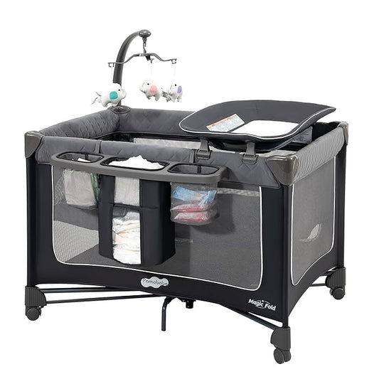 Pamo Babe 1 Step Setup Pack and Play for Babies - Portable Crib with Zip Door & Changing Table