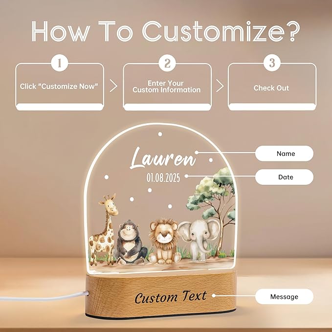 IOUMAM Personalized Baby Gifts Animal Name Night Light for Kids, Custom LED Acrylic Plaque, Baby Shower Christmas Newborn Gifts for Boys Girls, Safari Jungle Animals Nursery Room Decor for Children
