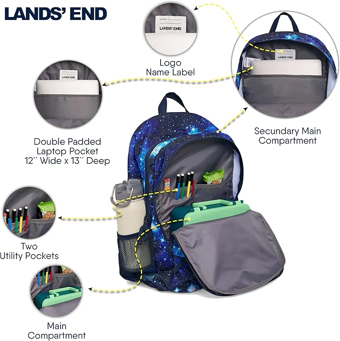 Lands' End Unisex Kids Large ClassMate Lightweight Durable Elementary School Backpack, Pro Star Navy