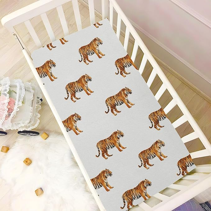 Tropical Tigers Animal Grey Crib Sheets Soft Breathable Fitted Baby Crib Sheets Mattress Cover for Girls Boys, 52" x 28" x 9"
