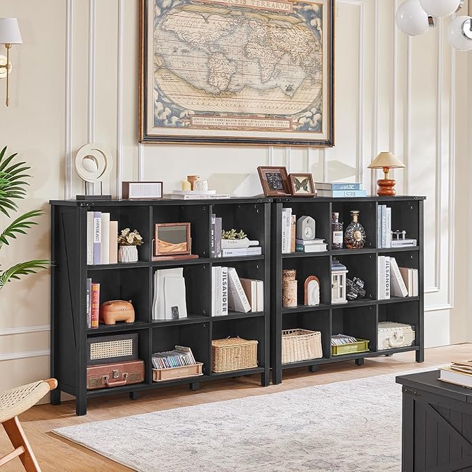 Joaxswe 9 Cube Bookcase, Farmhouse 47 Inch Wide Black Bookshelf, Wooden 3 Tier Display Large Open Book Shelf, Vintage Horizontal Book Case for Home Office, Cubby Storage Cabinet for Living Room