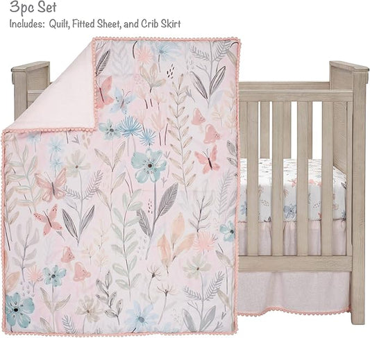 Lambs & Ivy Baby Blooms 3-Piece Pink Floral/Butterfly Baby Crib Bedding Set
