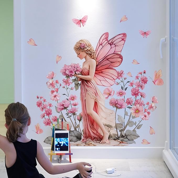 DRWSSR Removable Cartoon Pink Butterfly Elf Girl Decals Fairy Wall Decals DIY Pink Flowers Green Leaf Wall Stickers Peel and Stick for Girls Room Nursery Living Room Bedroom Bathroom Playroom Decor