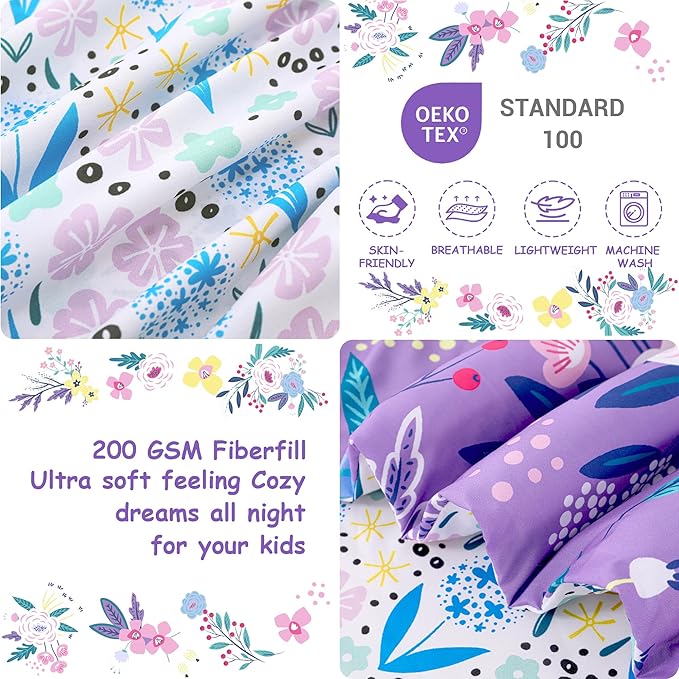 Mooreeke 4 Pieces Toddler Bedding Set - Purple Floral Toddler Comforter Sets for Girls, Includes Comforter, Flat Sheet, Fitted Sheet and Pillowcase, Bed in A Bag for Baby Bedroom