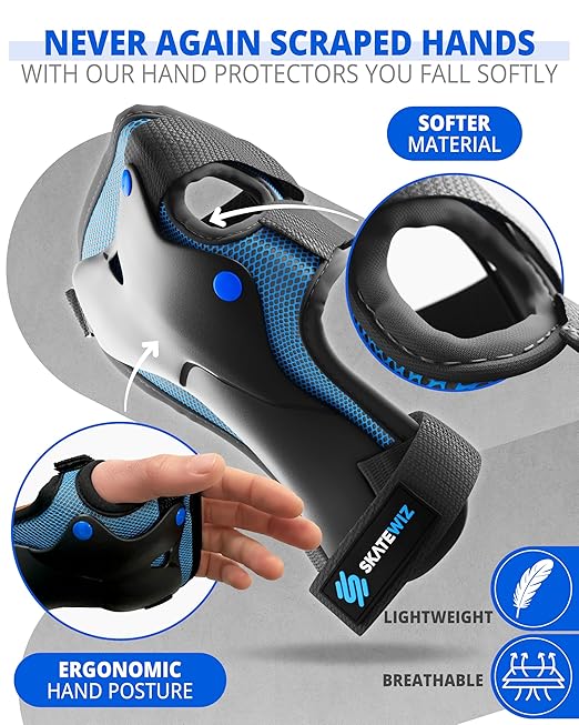 SKATEWIZ Knee Pads for Kids - Knee and Elbow Pads Set - PROTECT-1 - Size M Blue - Wrist Guards Skating Protective Gear, Skateboard, Roller Skate, Ice Skates For Kids