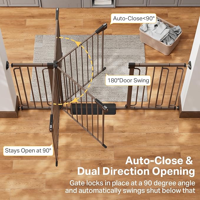 Cumbor 36.6-64" Extra Wide Baby Gate for Stairs, Dog Gates for Doorways, Auto-Close Pet Gate Indoor, Pressure Mounted Walk Through Safety Child Gate for Kids Toddler, Tall Pet Puppy Fence Gate, Brown
