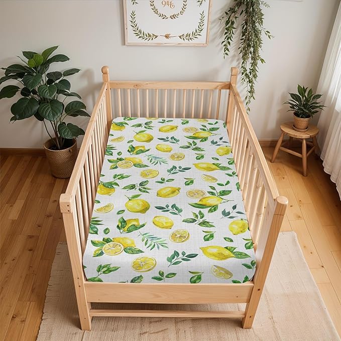 Watercolor Lemons Baby Crib Sheets for Boy Girl 28"x52" Retro Yellow Lemon Green Leaves Soft Snug Fitted Crib Mattress Cover Tropical Summer Fruits Baby Sheet for Standard Crib & Toddler Bed Mattress