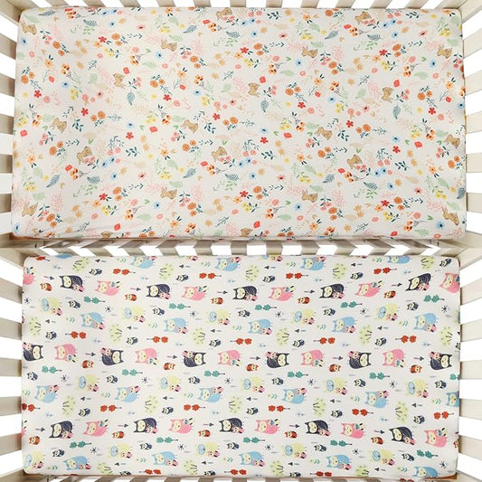 Onacosht Pack n Play Fitted Sheets for Baby Girl 2 Pack Set Soft Jersey Knit Sheets for Mini Crib Mattress and Playard Mattress, Rabbit Floral and Owl Printing
