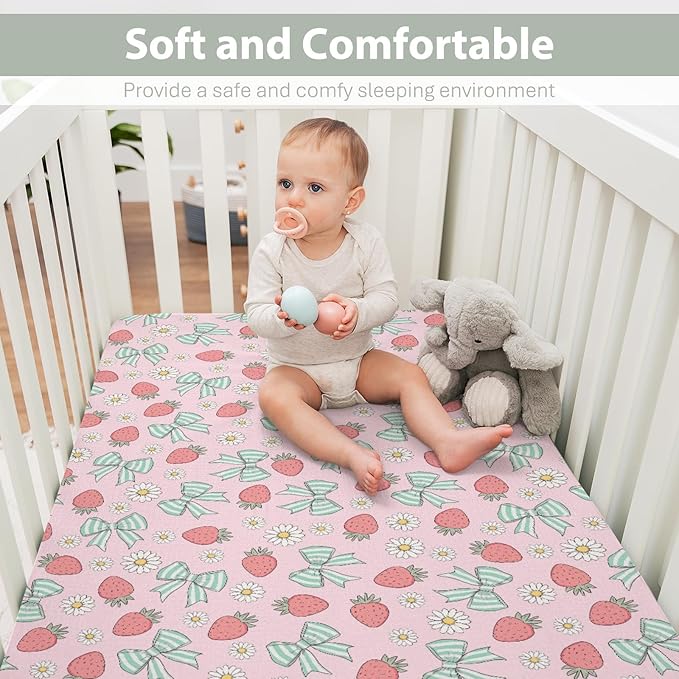 Pink Strawberry Green Bows Daisy Baby Crib Sheets for Boy Girl 52x28Inch Strawberries Bows Soft Stretchy Fitted Crib Mattress Covers Cute Summer Fruit Baby Sheet for Standard Crib & Toddler Mattress