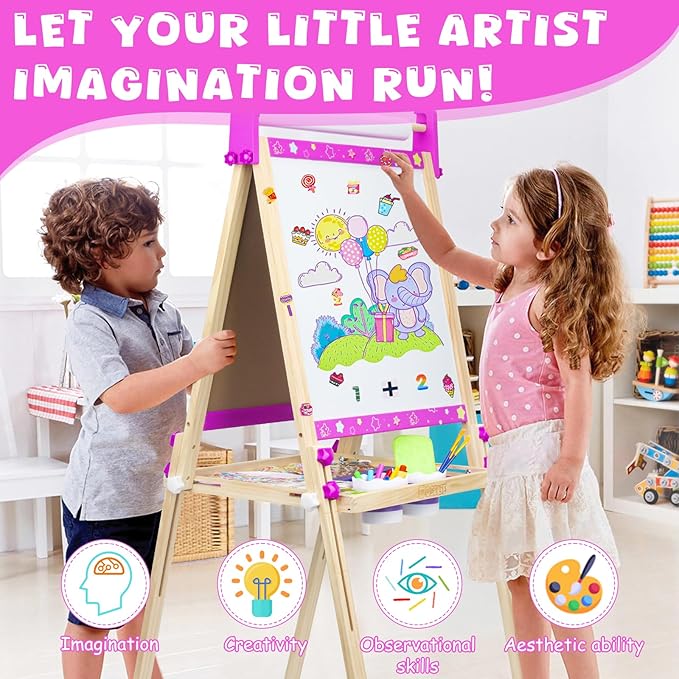 Easel for Kids Toys,Toddler Art Easel with Art Supplies, Height Adjustable Double-Sided Magnetic Dry Eraser Whiteboard and Chalk Board with Paper Roll,4 5 6 7 8 9 10 Year Old Girl Birthday Gifts