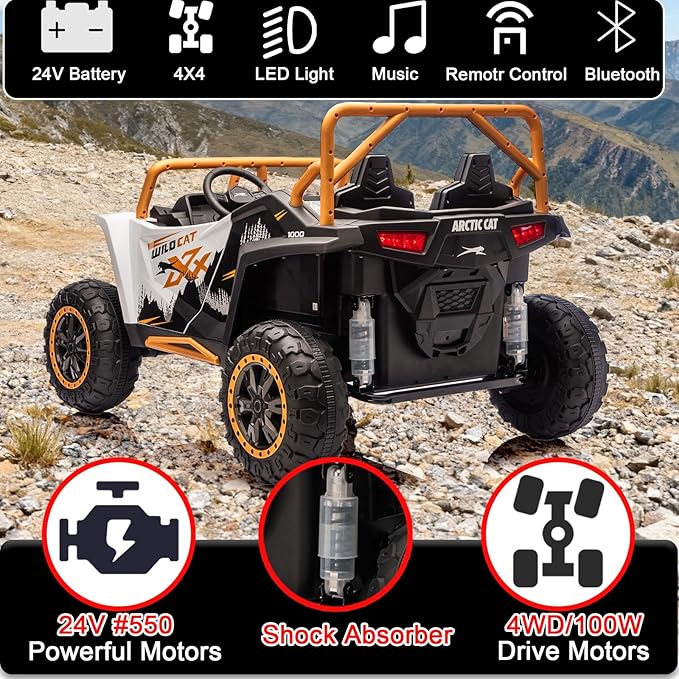 24V 4WD Kids Electric Car XXXL, 2-Seater Licensed Arctic Cat Kids Ride on UTV with Parent Remote Control, Bluetooth Music, LED Lights for Boys & Girls