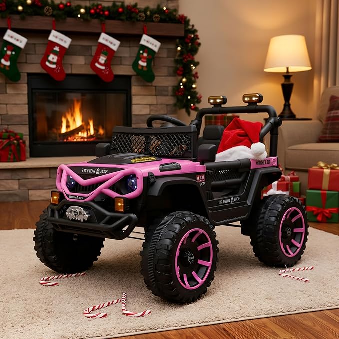 12V Kids Ride On Jeep-Style Car with Remote Control, Bluetooth Music & Stories, LED Headlights, Shock Absorption, Double Doors with Lock, Safe Speed, Battery Powered Electric Vehicle for Boys & Girls