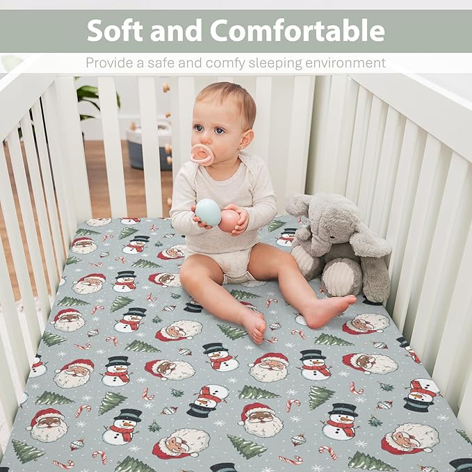 Vintage Christmas Baby Crib Sheets for Boy Girl 28"x52" Xmas Santa Snowman Tree Soft Stretchy Fitted Crib Mattress Cover Winter Holiday Baby Sheet for Standard Crib and Toddler Mattress