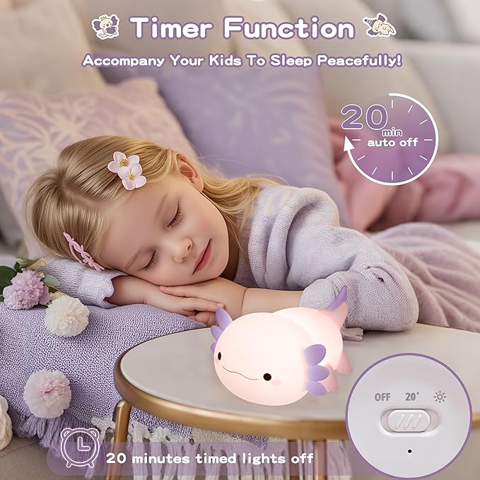 Axolotl Night Light for Kids,Cute Purple Axolotl Lamp ,LED Squishy Nursery Nightlight, Soft Silicone Novelty Animal Bedside Touch Lamp, Room Decor,Axolotl Gifts for Mom Girls Baby,Valentine's Day Gift