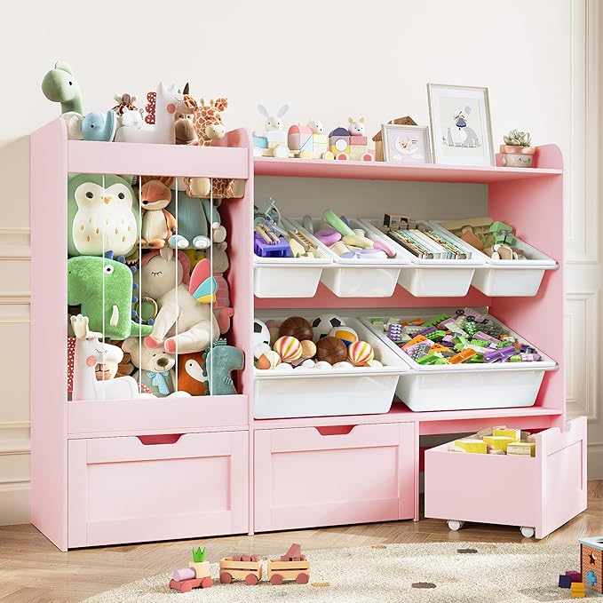 VortinT Kids Stuffed Animal Storage, 50.6" W Large Toy Organizer Shelf with 6 Plastic Bins, 3 Rolling Box, Wooden Toddler Toy Bookshelf Organization Shelves for Play Room, Nursery (Pink)
