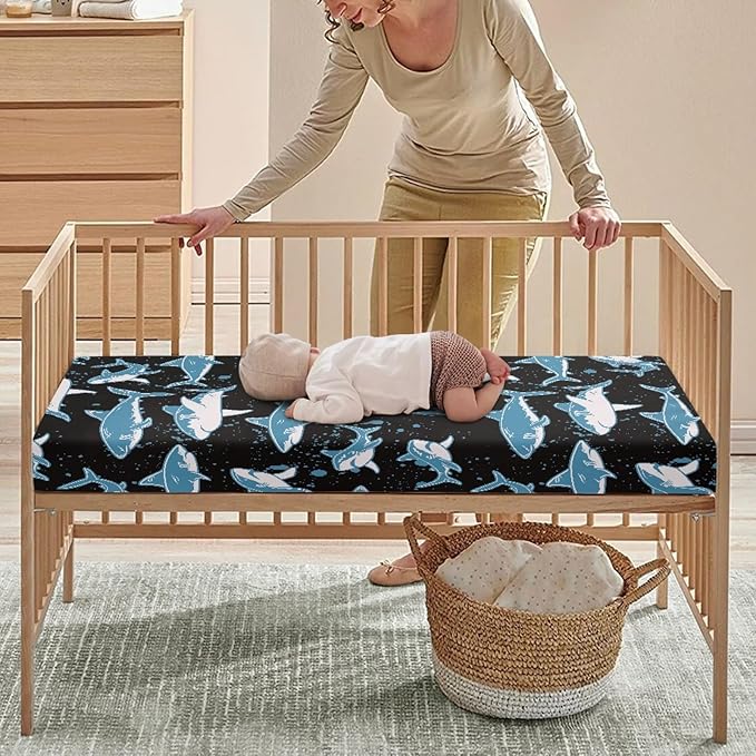 Blue Sharks Fitted Crib Sheet Marine Sharks Baby Crib Sheet Fit Standard Crib and Toddler Mattress,Crib Mattress Sheets for Boys Girls 28"x52"
