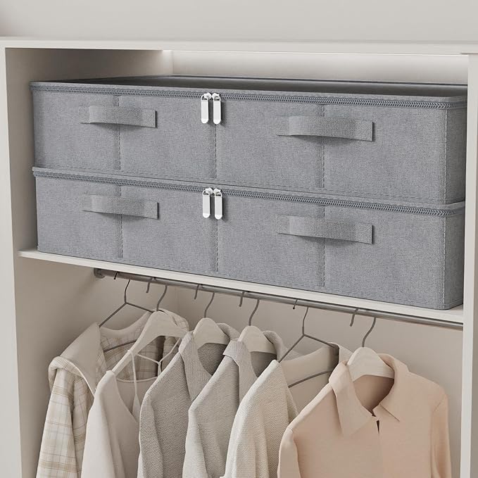 ENUMAIL Underbed Storage Bin, Foldable Under Bed Flat Baskets Organizer, Container boxes with Lid for Organizing Clothes, Sheets, Blankets, Comforter, 31.4x15.7x5.9in, Grey, 2 Pack