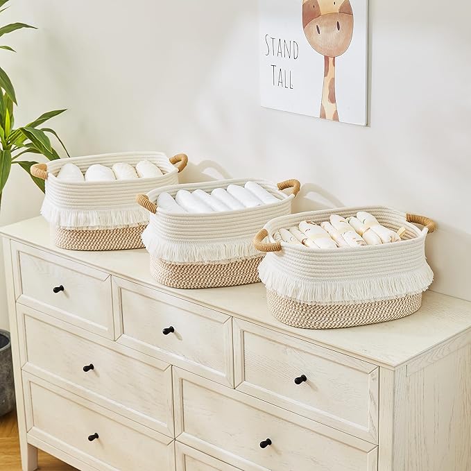 BUBUSUN Storage Bins Woven Baskets for Storage Set of 3, Cotton Rope Basket with Handles for Toys/Shelves/Laundry, Rectangle Multi-Purpose Organizer for Living Room, Bedroom, Nursery (White/Brown)