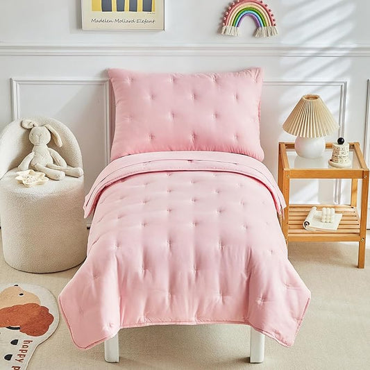 DuShow 4 Piece Toddler Bedding Set for Girls, Pink Embroidery Crib Bed Comforter Set, Includes Comforter, Fitted Sheet, Flat Sheet and Envelope Pillowcase, Soft Toddler Bed Sheet Set