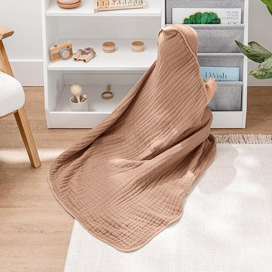 Comfy Cubs Hooded Baby Towel 2-Pack, Large 32 x 32 Inch - 6 Layer 100% Muslin Cotton for Babies, Toddlers, Kids - Soft & Absorbent Baby Bath Towels - Unisex Design for Bath Time, Cedar and Sand