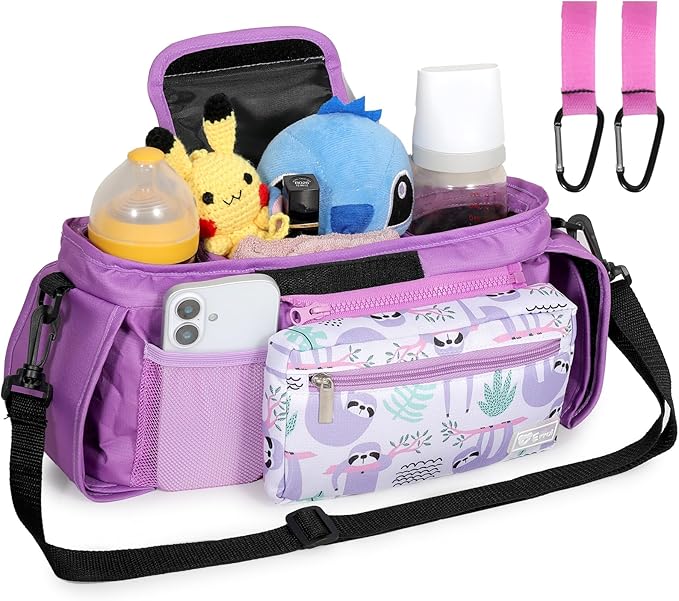 Universal Stroller Organizer with Insulated Cup Holders and Detachable Phone Bag,Stroller Caddy Fits for Stroller Accessories like Uppababy, Baby Jogger, Doona, Nuna Stroller (Purple Sloth)