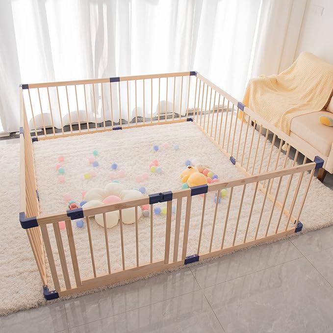 Wooden Baby Playpen Activity Center, Foldable Playpen for Babies and Toddlers, Extra Large Baby Fence Play Area with Safety Gate for Indoor Use, Corrales Para Bebes, 70.90"X 78.80"X 24",8-Panel w/Gate