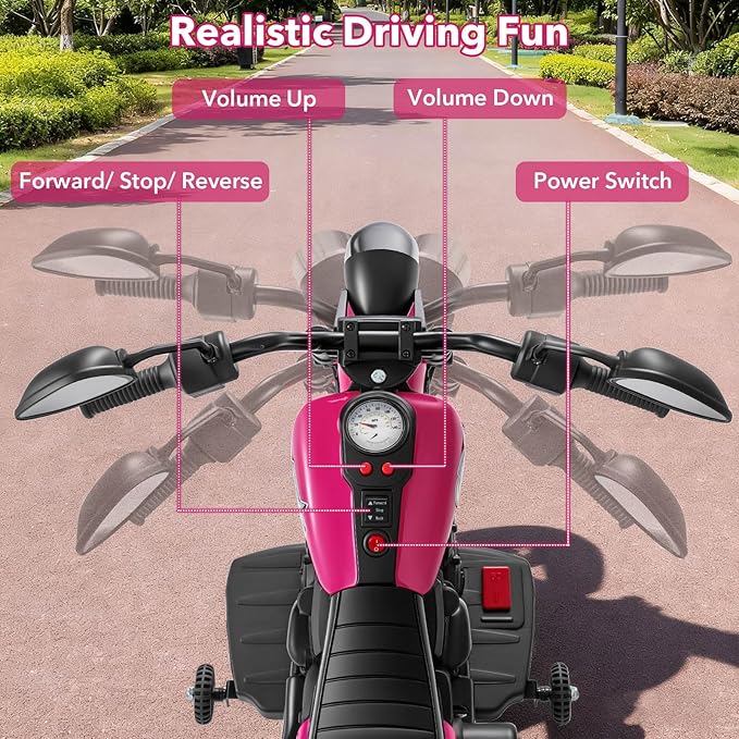 HONEY JOY Toddler Motorcycle, 6V Battery Powered Electric Motorcycle for Kids, Detachable Training Wheels, Music, Foot Pedal, Headlights, Forward/Backward, 3-Wheel Ride On Toy for Boys Girls (Pink)
