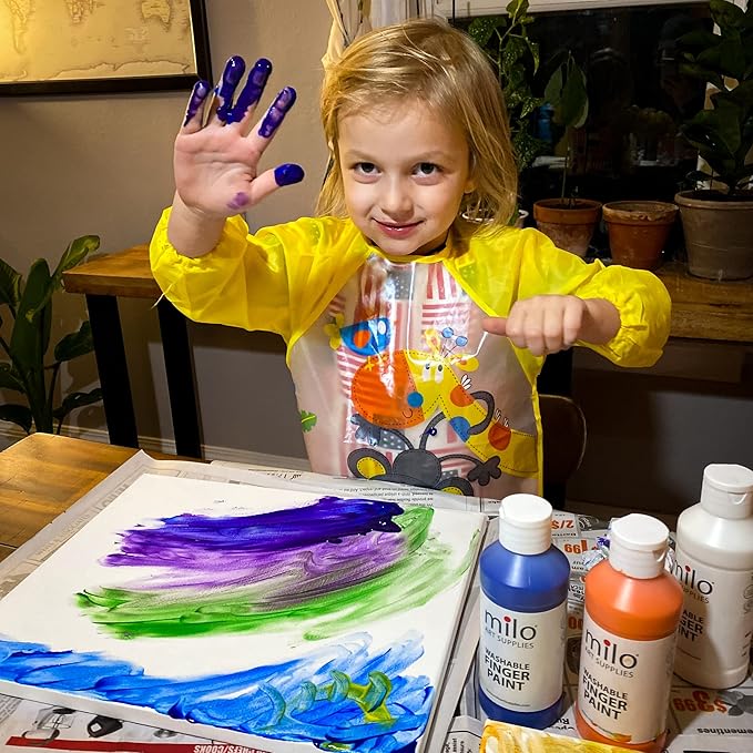 milo Kid's Washable Finger Paint Set of 8 Colors | 8 oz Bottles | Safe and Non-Toxic | Made in the USA | Arts & Crafts Paints for Kids, Toddlers, Pre School Supplies Painting Set for Children | Easy Pour and Squeeze Bottles