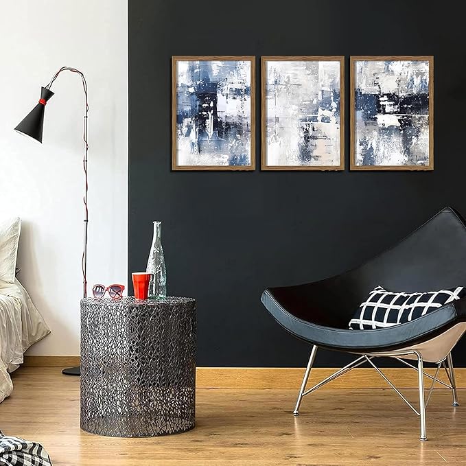 Blue Abstract Wall Art Set of 3, White and Blue Abstract Canvas Wall Decor Paintings, Modern Neutral Minimalist Posters Prints Pictures for Living Room Bedroom Office Home Decor 12x16 Inch Wood Framed
