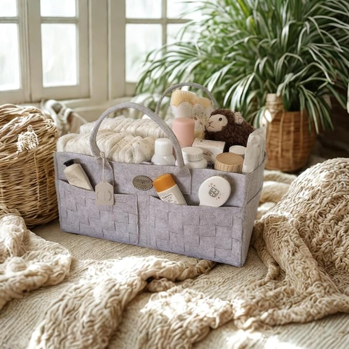 QGENUBA Baby Diaper Caddy Organizer for Nursery – Large Felt Storage Basket for Baby Essentials, Wipes & Diapers – Portable Nursery Organizer Bin for Changing Table or Living Room Light Grey