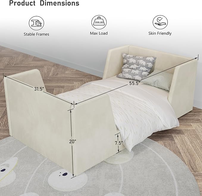 Toddler Bed, Toddler Floor Bed Frame with Guard Rails, Kids Bed for Ages 2-6 Years, Certified Fabric