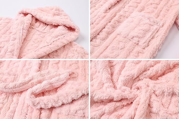 Umeyda Girls & Womens Twist Fleece Robes, Hooded Soft Warm Bath Robe for Kids Womens Fuzzy Bathrobe for Gifts