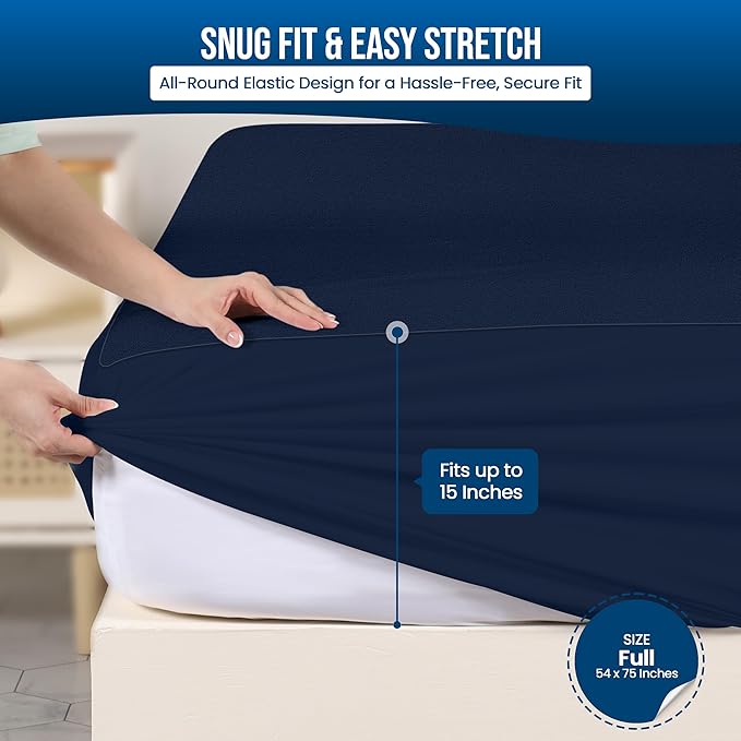 Utopia Bedding Waterproof Mattress Protector Full Size, Premium 200 GSM Terry Mattress Cover, Soft & Breathable Bed Cover, Fitted Sheet Style with Stretchable Deep Pockets 15" (Navy Blue)