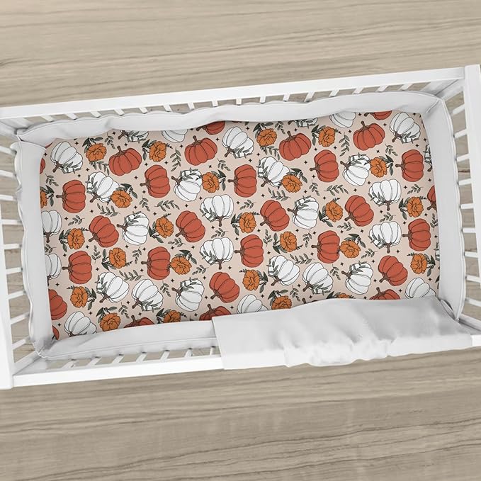 Boho Fall Pumpkin Floral Baby Crib Sheets Retro Autumn Pumpkin Flowers Thanksgiving Baby Sheets Fitted Crib Mattress Cover for Standard Crib Toddler Mattresses 28x52in