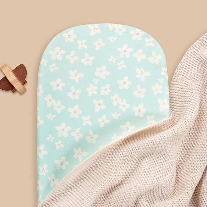 TILLYOU Baby Bassinet Sheets for Girls Boys, Fit for Hourglass Oval Rectangle Bassinet Mattress Sheets, 33”X16”, 2 Pack Fresh Flowers and Light Green